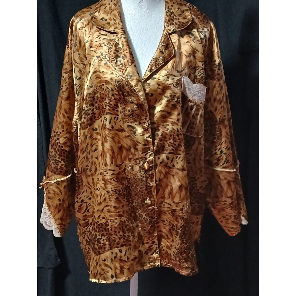 Robert Louis Intimates Cheetah Print PJ Top Silk Long sleeve Dusty Rose Lace XL